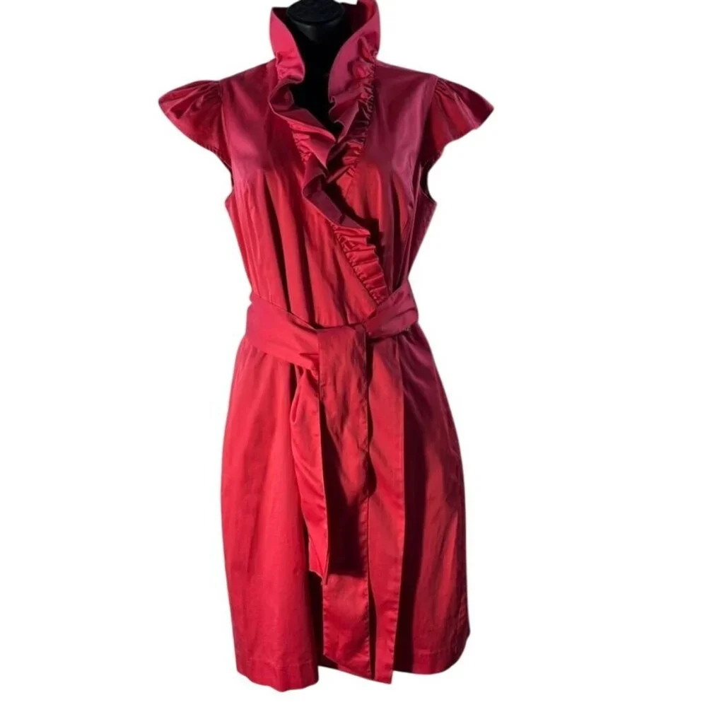 Elizabeth McKay Ruffle Collar Sleeveless Wrap Dress With Gold Button Accent - Picture 2 of 14